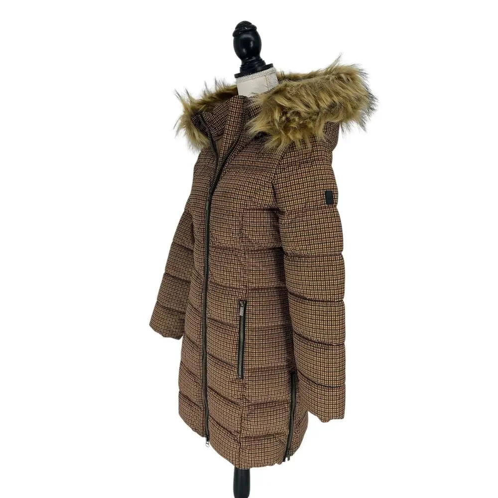 C-RO‎ Denmark Houndstooth 2-Way Stretch Puffer Coat with Faux Fur Hood Size 4